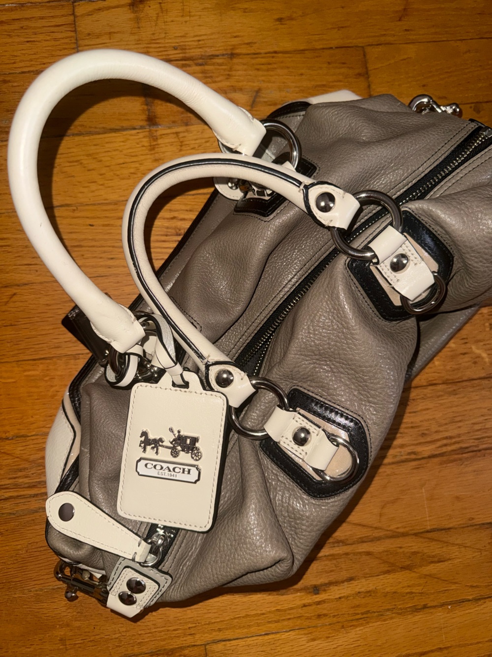 Coach Taupe Leather Shoulder Bag with White Trim